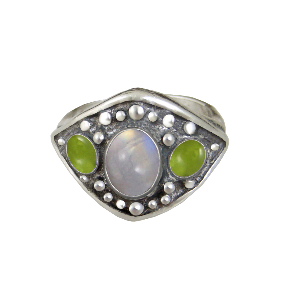 Sterling Silver Medieval Lady's Ring with Rainbow Moonstone And Peridot Size 8